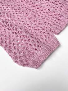 Women Solid Color Crew Neck Long Sleeve Casual Hollow Out See-Through Knit Sweater