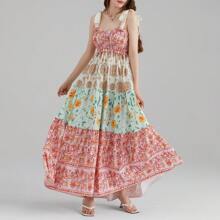 Women Summer Casual Cami Long Dress Floral Print Tie-Up Shoulder Straps Sleeveless Dresses Long Dress Summer Vacation Beach Sundress Big Swing A-Line Dress - Màu tím hoa cà - Xem 4