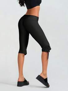 Women Capri Pants Elastic Waist Ruffle Hem Flare Bell Bottom Cropped Pants Skinny Capri Leggings Streetwear - 黑色 - 查看 5