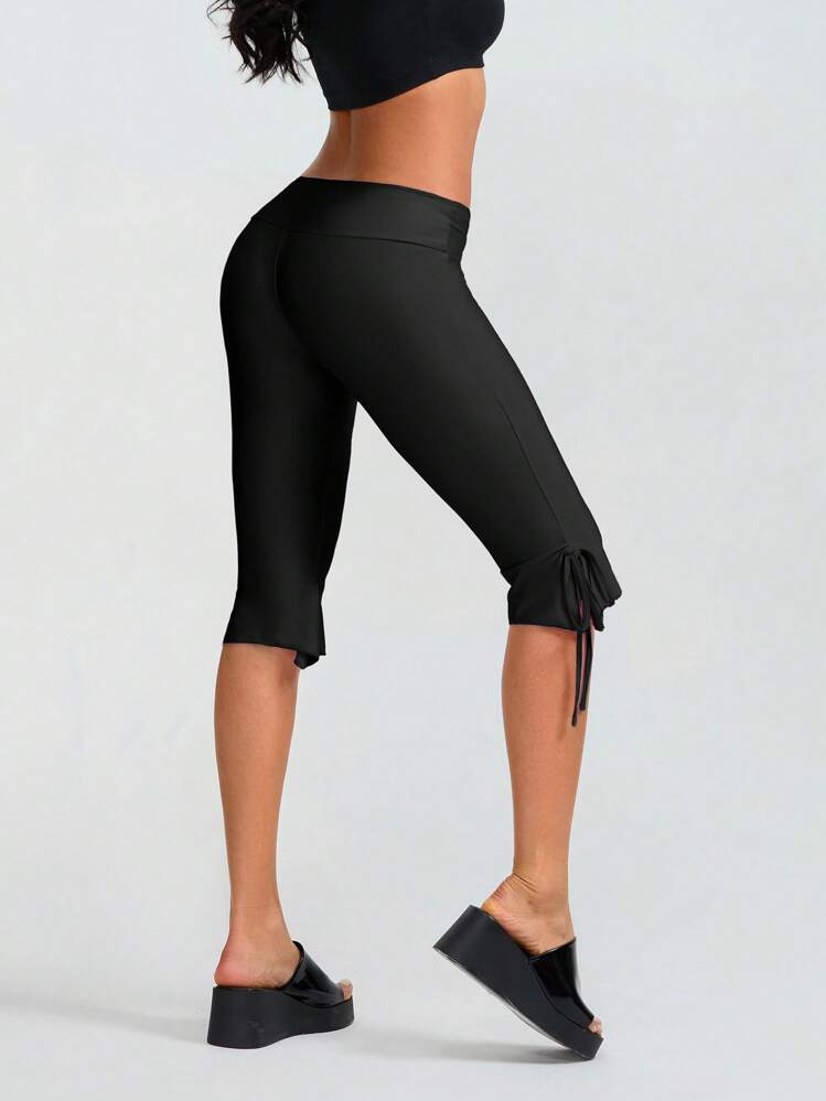 Women Capri Pants Elastic Waist Ruffle Hem Flare Bell Bottom Cropped Pants Skinny Capri Leggings Streetwear - 黑色 - 查看 5