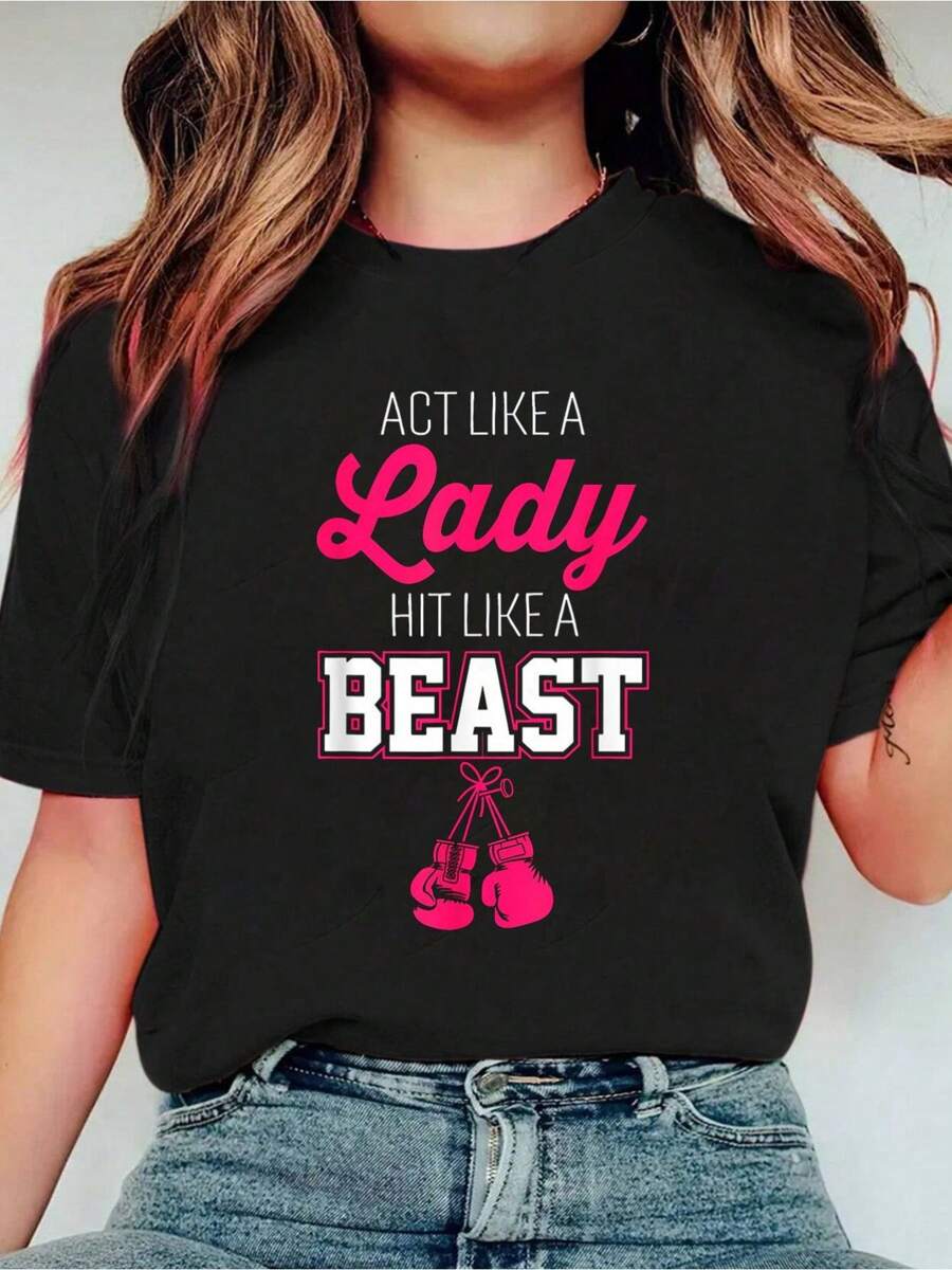 Women's Boxing Motivation Like A Lady Hit Like T-Shirt Print Crew Neck Casual T-Shirt Short Sleeve Sports Top, Smart Casual/Street Style Women's Clothing