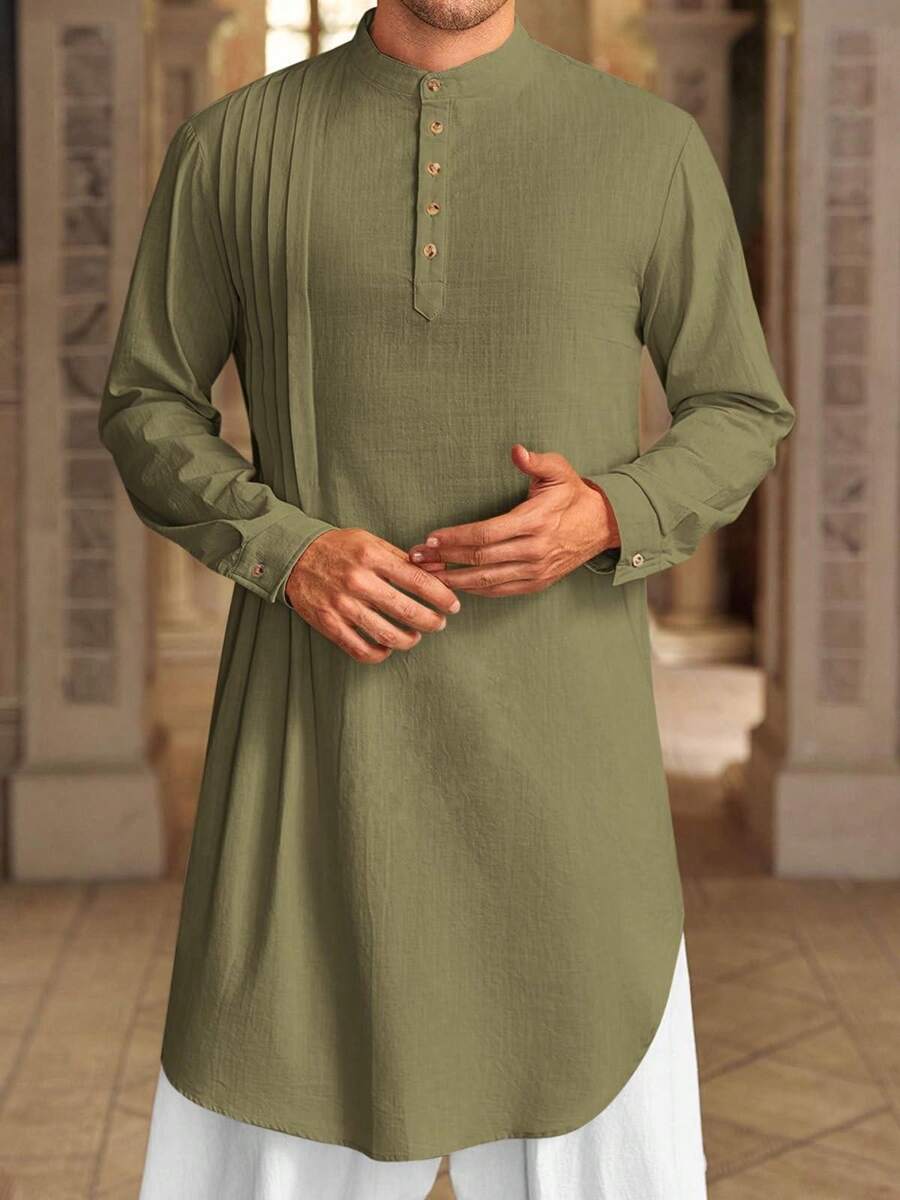 Runcati Men's Kaftan Thobe Cotton Linen Henley Shirt Long Sleeve Robe Casual Muslim Kurta Gown - xanh quân đội - Xem 1