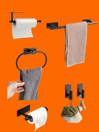 1 pieza Toallero de baño negro, Barra de toallas multifuncional, Portarrollos de papel higiénico, Gancho sobre la puerta