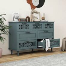 7 Drawers Dresser For Bedroom - Accent Dresser With Hollow Carved Drawers, Wood Chest Of Drawers, Wide Dressers With Drawer For Living Room, Dining Room, Hallway (Green)