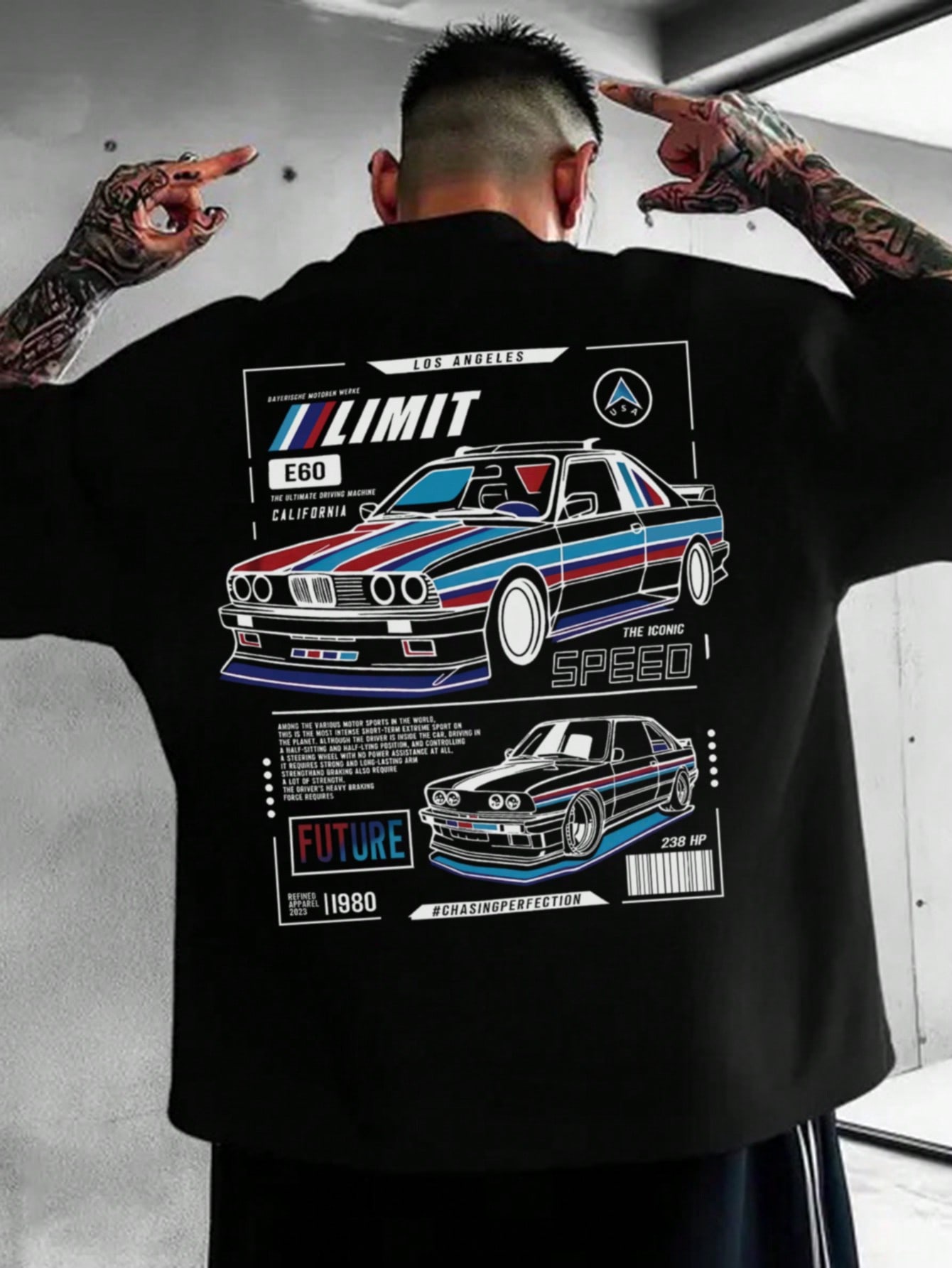 Men's Fashion Printed Black Breathable Short Sleeve Racing T-Shirt