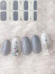 Japanese Style Almond Nail Art Stickers, Minimalist Floral & Tree Design, DIY Nail Decals With 3D Rhinestones, Light Blue & Silver Glitter Nail Appliques - Multicolor - View 1