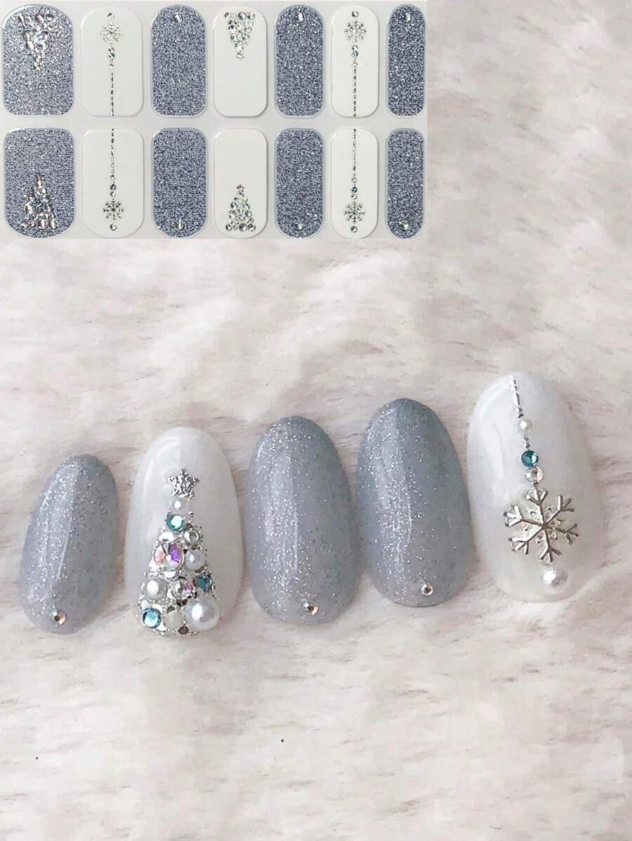 Japanese Style Almond Nail Art Stickers, Minimalist Floral & Tree Design, DIY Nail Decals With 3D Rhinestones, Light Blue & Silver Glitter Nail Appliques - Multicolor - View 1