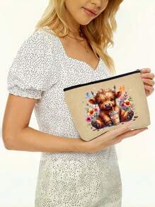 1 件可爱奶茶高地牛印花美容包，大容量轻便拉链收纳袋（拉链方向随机），适合作为男士和女士旅行洗漱包，完美的节日礼物，送给朋友的礼物，波西米亚风