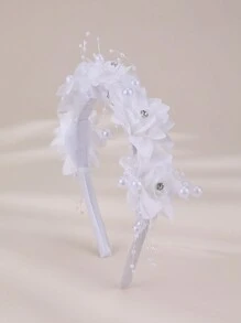 1pc Girls White Lace Flower Pearl Rhinestone Headband - White - View 11