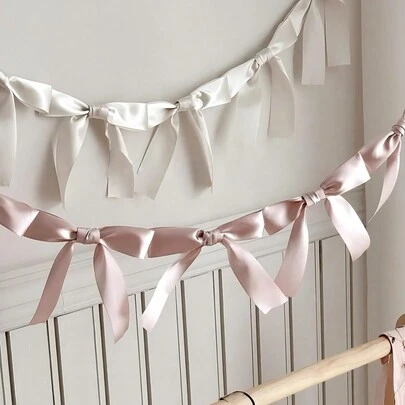 手工蝴蝶结丝带花环旗，悬挂式花环，甜美房间墙饰横幅，生日房间少女心形装饰，婚礼派对装饰