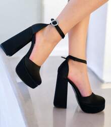 Zapatillas altas para mujer, tacón alto ancho, cerradas, con correa tobillo, punta redonda, para eventos, fiestas, bodas, cómodas, hebilla redonda. Primavera-Verano - Negro - Ver 3