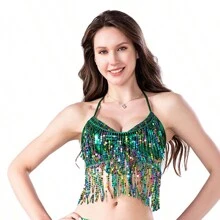 Sparkly Sleeveless Crop Top For Halloween, Belly Dance, Stage Performance, Party - Multicolor - View 28
