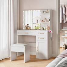 Tomnk Makeup Vanity Desk Set With Mirror LED Lights(Powered By Usb) And Power Outlet Vanity Desk With Soft Dressing Stool, Drawers, Open Organizer, Dressing Table Bedroom, Minimalist Aesthetic Room Decor, Home Decor, Bedroom Furniture, For Christmas Thanksgiving Festival Gift - 美規B型插(110-127V) - 查看 10