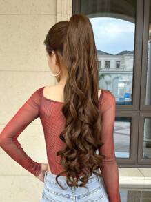 爪形马尾接发，浅棕色，32英寸长，水波纹，耐热纤维合成假发，适合女性、女孩，派对日常使用。 - 黑棕色 - 查看 4