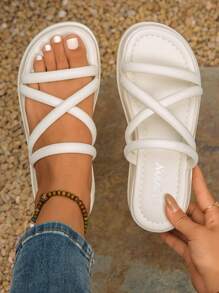 女士厚底条纹图案凉鞋，时尚夏季平底拖鞋交叉带运动凉鞋，纯米色厚底凉鞋，适合搭配连衣裙、比基尼和裤子 - 白色 - 查看 1