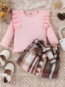 Toddler Girls Autumn Outfit Sets Pink Long Sleeve Ruffle Ribbed Tops + A-Line Plaid Skirt With Belt - 粉色 - 查看 2