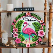 1pc 8x8 Inch Round Vintage Pink Flamingo Welcome Sign - Waterproof Metal Wreath Decor, Suitable For Porch And Home, Holes For Installation Gifts Birthday Graduation