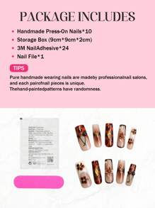 10pcs Handmade Long Square Press On Nails 3D Cherry, Art Flower, Pointed Star Fake Nails Vintage French Tip Nails Style For Women And Girls