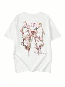 女士圆领宽松休闲百搭蝴蝶印花短袖 T 恤，春夏 - 白色 - 查看 4