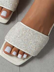 Women's Anti-Slip Soft-Sole Square-Toe Rhinestone Flat Sandals, Comfortable Casual Fashion Elegant Slip-On Sandals For Summer Daily Household Outdoor Wear, White - White - View 5