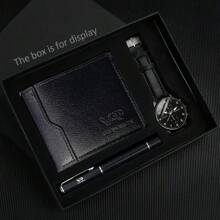 3 件套男士商务皮革石英手表和钱包笔套装父亲节礼物 - 黑色 - 查看 1