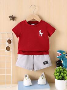 2pcs/Set Baby Boy Casual Dinosaur Print Round Neck T-Shirt And Shorts Set, Summer