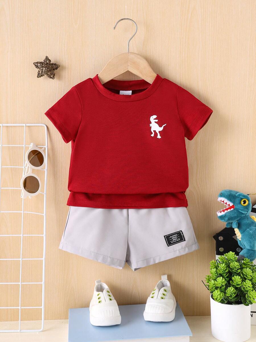 2pcs/Set Baby Boy Casual Dinosaur Print Round Neck T-Shirt And Shorts Set, Summer
