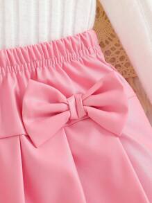 Baby Girls' Cute & Elegant Turtleneck Fuzzy Trim Long Sleeve Top Paired With 3D Bow Pleated Skirt 2-Piece Set, Casual Outfit For Girls, Spring/Autumn, Suitable For Daily Outings, Birthday Gift - Pink - View 6