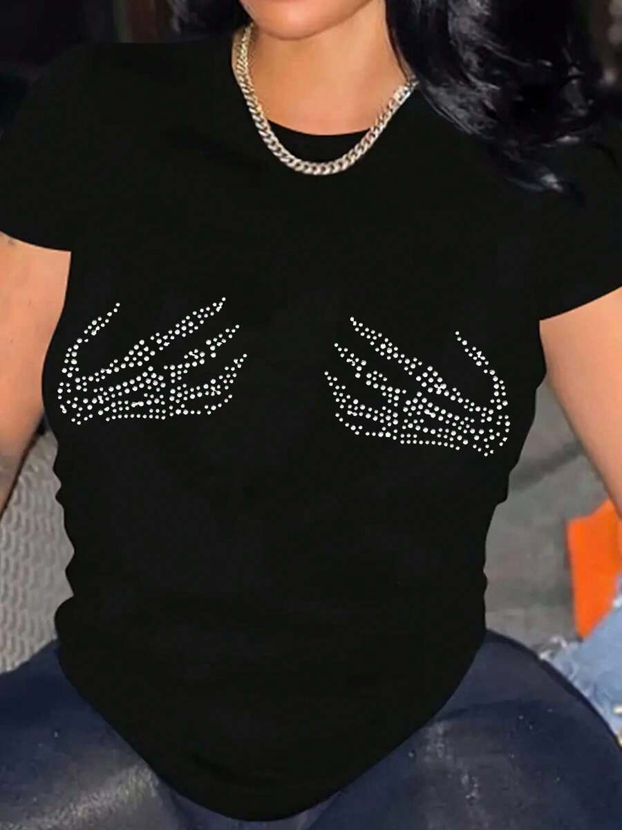 Rhinestone Shirt, Mummy Skeleton Hand Bling Shirt, Rhinestone Printing, 2D Printing Cotton Crew Neck, Perfect For Casual Outings & Sports - màu đen - Xem 1