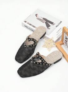 Grün & Gold dekorativer Knopf quadratische Zehenkappe flacher Absatz Slip-On Mules für Frauen, atmungsaktive geschlossene Zehenkappe rückenfreie Slides, Spitzennetzstoff für Kleider, flache ausgestellte Sandalen für den Sommer - Schwarz - Übersicht 3