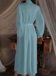 QING ROU Soft Satin Long Robe In Light Blue, Elegant Design With Lace Trim, Flared Long Sleeve, Silky And Comfortable, With Tie Waist, Suitable For Home Wear - Baby Blue - View 2