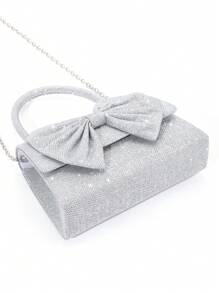 Sac à main élégant et simple de dames avec nœud papillon pailleté et couleur unie, pour soirée, mariage, bal de promo, rendez-vous de la Saint-Valentin - Argent - Voir 8