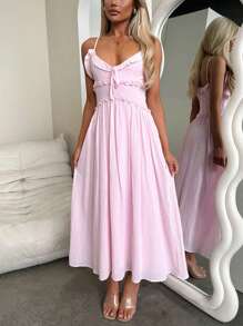 Women Long Dress Solid Color Frills V-Neck Tie-Up Front Sleeveless Cami Dress Summer Fashion Casual Dress