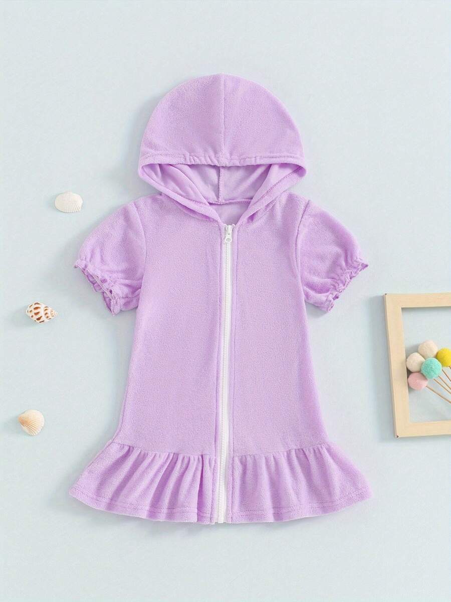Traje de baño informal holgado de manga corta con volantes y cremallera para niñas de 1 a 8 años. - Morado - Ver 1