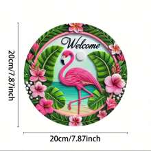 1pc 8x8 Inch Round Vintage Pink Flamingo Welcome Sign - Waterproof Metal Wreath Decor, Suitable For Porch And Home, Holes For Installation Gifts Birthday Graduation