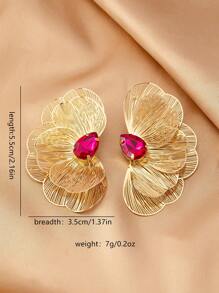 1 Pair Vintage Elegant Metal Gold Layered Textured Floral Embedded Faux Gemstone Pendant Earrings For Women, Suitable For Daily, Party And Formal Occasions