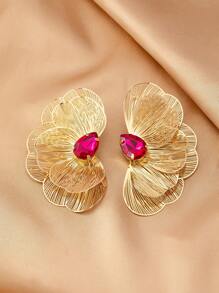 1 Pair Vintage Elegant Metal Gold Layered Textured Floral Embedded Faux Gemstone Pendant Earrings For Women, Suitable For Daily, Party And Formal Occasions