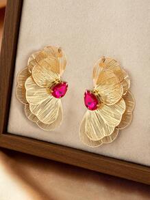 1 Pair Vintage Elegant Metal Gold Layered Textured Floral Embedded Faux Gemstone Pendant Earrings For Women, Suitable For Daily, Party And Formal Occasions