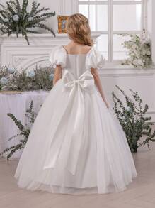 女童泡泡袖薄纱花童裙，公主裙，适合复活节、生日派对、婚礼、舞会、节日场合 - 白色 - 查看 2