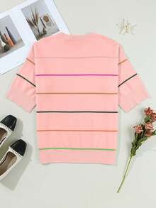 Fiyote Summer Colorblock Striped 3/4 Drop Shoulder Loose Casual Sweater - Pink - View 6