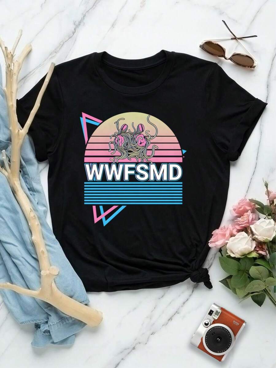 Lovers' Matching T-Shirts Flying Spaghetti Monster Pastafarianism FSM Women's T-Shirt Design - Black - View 1