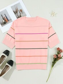 Fiyote Summer Colorblock Striped 3/4 Drop Shoulder Loose Casual Sweater - Pink - View 5
