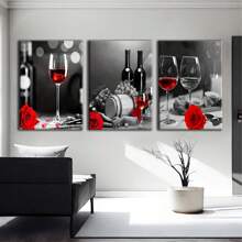 3-Piece Retro Wine And Rose Canvas Art Set - High Definition Printing, Wooden Frame Wall Decoration, Suitable For Bar, Kitchen, And Home Aesthetics - Inside Framed Wrapped Canvas - View 2