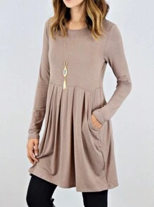 Boho Retro Rayon Cool Soft Summer Cuff Short Sleeve Crew Neck T Shirt Mini Dress Tunic With Pockets - 摩卡棕 - 查看 3