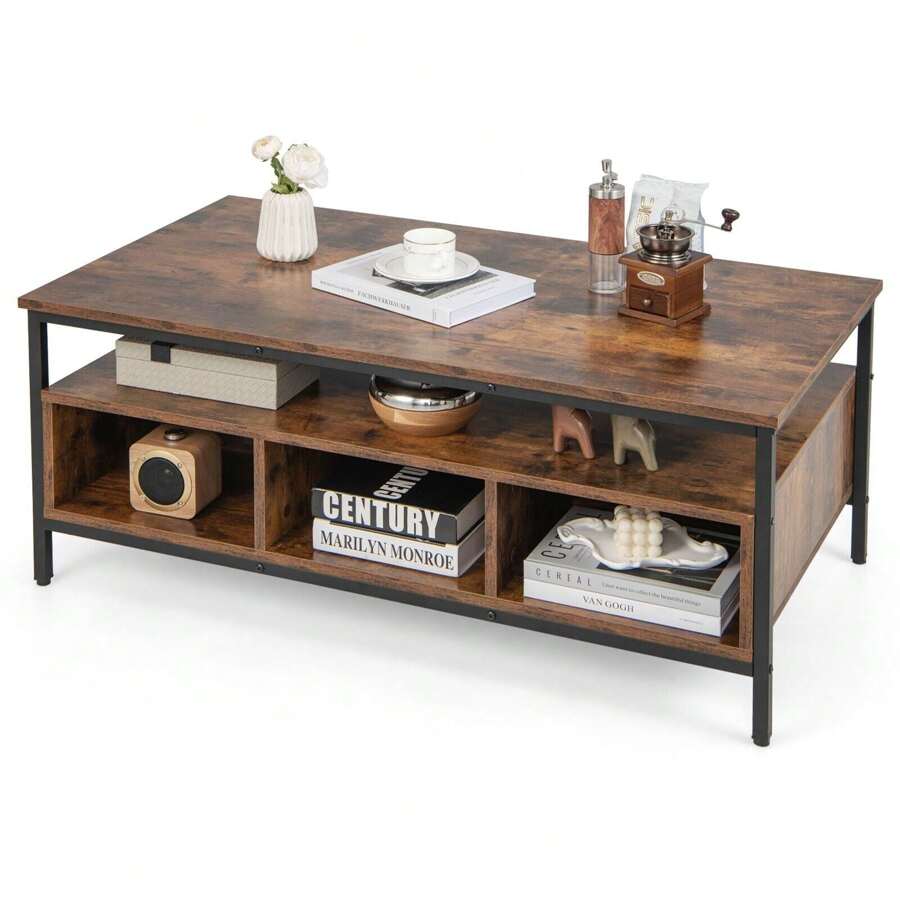 Industrial  Coffee Table Wooden Cocktail Center Table With Storage Shelf - Coffee Brown - View 1