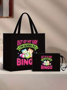 Bộ túi xách và ví chủ đề xổ số bi-a, bộ túi xách và ví đựng tiền xu dành cho nữ, bao gồm túi xách và ví đựng tiền xu, túi nữ dung tích lớn, chất liệu vải, có thể giặt, có lớp lót, kiểu đeo vai thông thường, in khẩu hiệu "Tôi muốn chơi Bingo", có họa tiết xổ số, bi-a, các yếu tố số học và thể thao. - màu đen - Xem 7