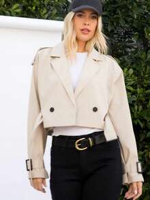 TRAFZA Women's Short Windbreaker Belt Long Sleeve Casual Coat Spring - Khaki - View 4