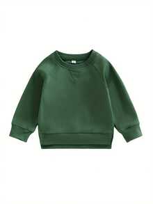 Sudaderas para niños y niñas pequeños, color liso, cuello redondo, manga larga, sudaderas con capucha, jerséis casuales de otoño e invierno. - Verde - Ver 1