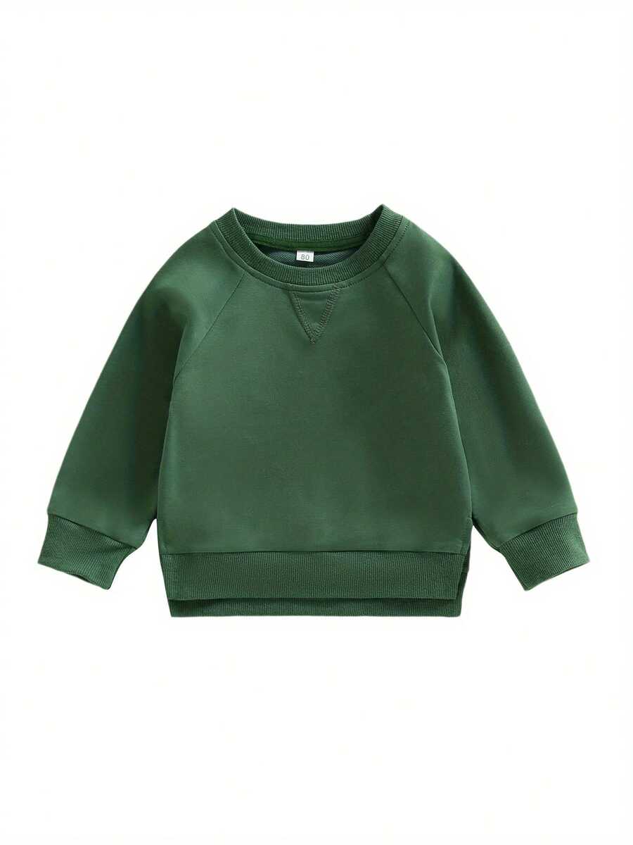 Sudaderas para niños y niñas pequeños, color liso, cuello redondo, manga larga, sudaderas con capucha, jerséis casuales de otoño e invierno. - Verde - Ver 1