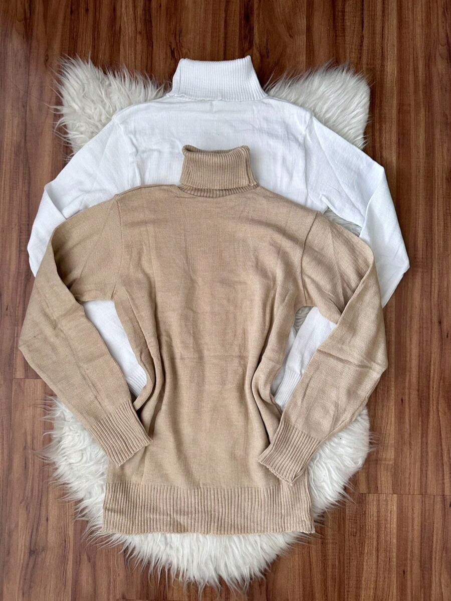 Kit2 Women's High Neck Blouse Long Sleeve Basic Knitted Cacharreu Plain Sueter - Branco Bege - View 1